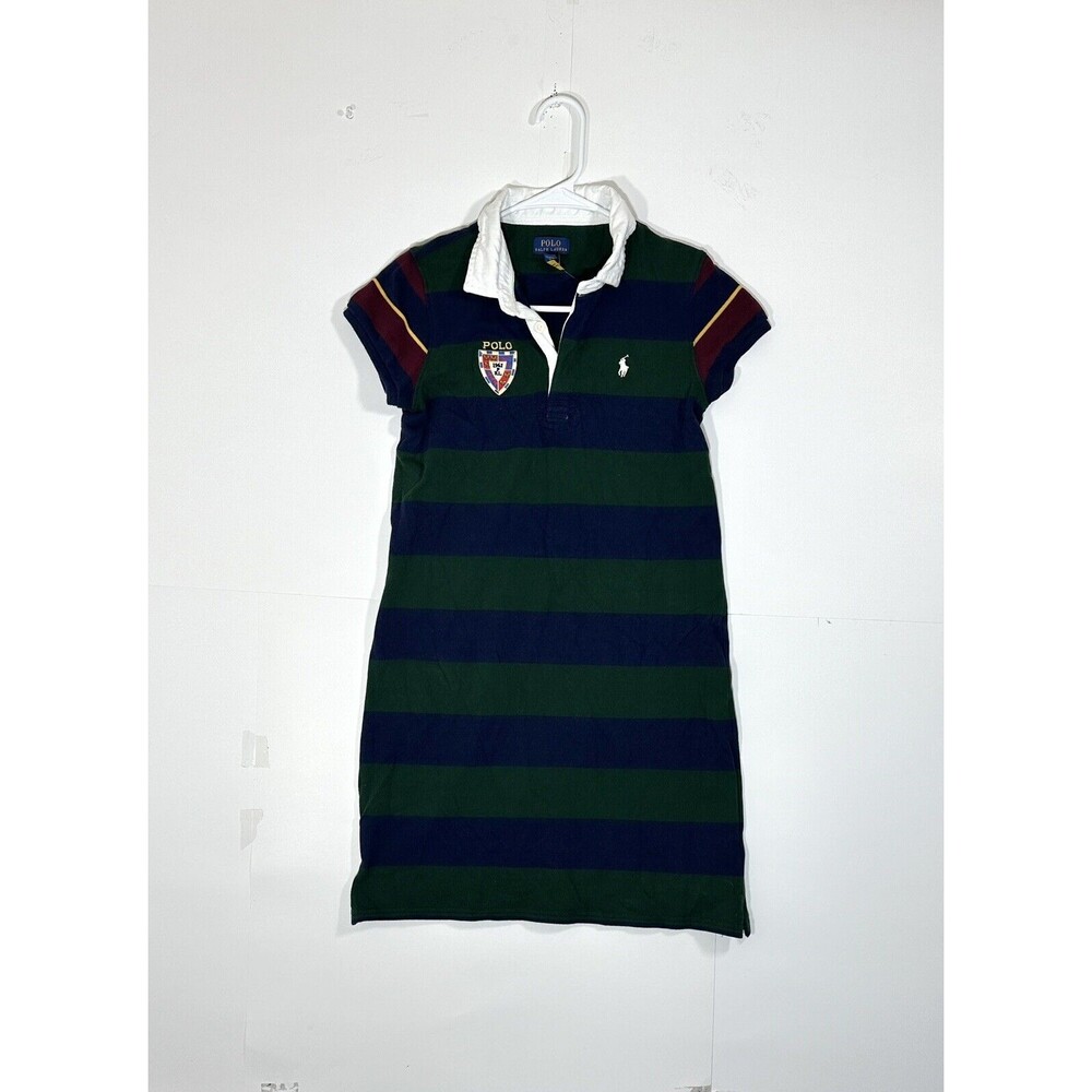 POLO RALPH LAUREN KIDS Girl Logo Embroidered Striped Polo Dress Green Navy XL 16
